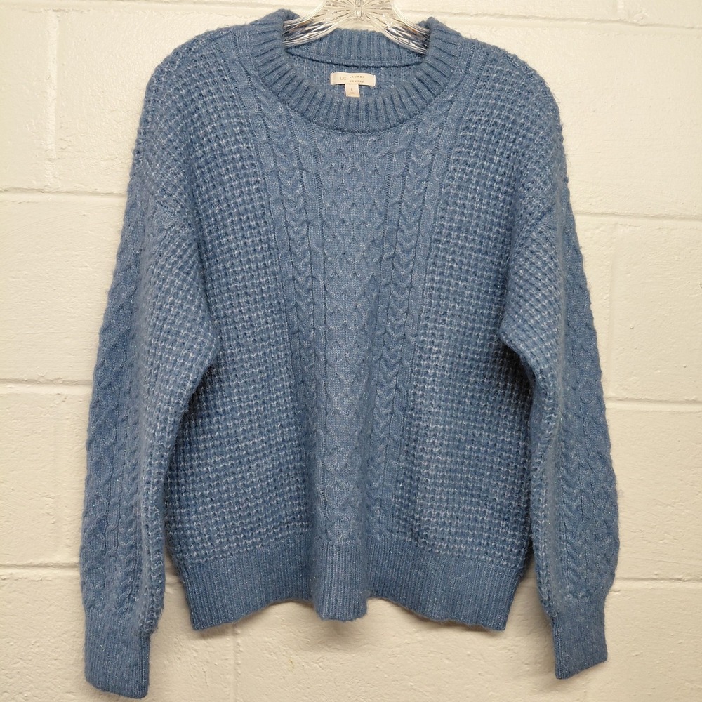 LC Lauren Conrad Womens LARGE Blue Shimmer Cable Knit Crew Neck Sweater Preppy